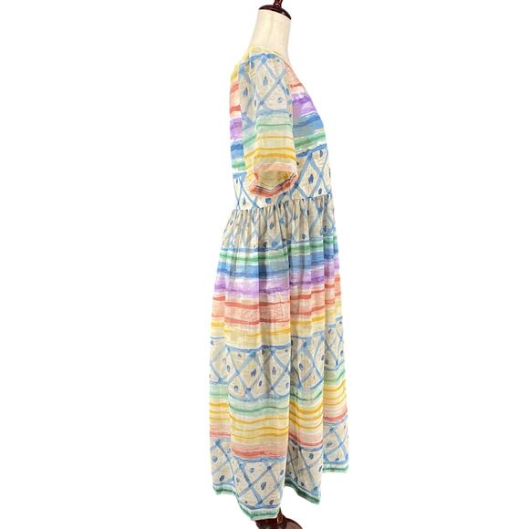 Vtg 80s 90s Two Potato Artsy A Line Midi Dress M Petite Sheer NOS Coastal Pastel - Picture 2 of 16